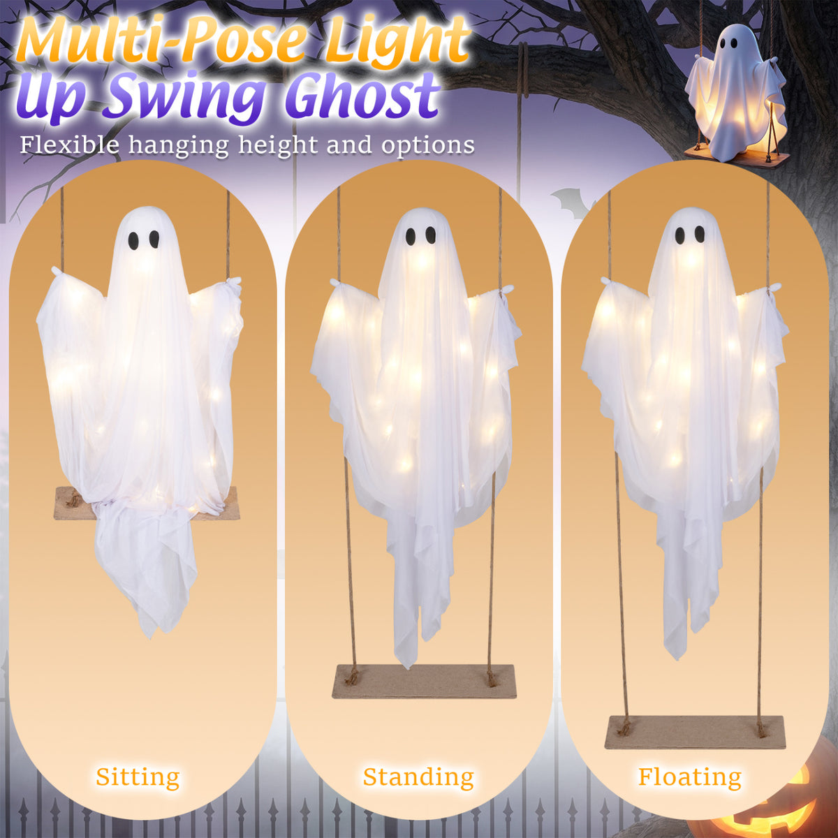 5Ft Halloween Hanging Swing Ghost, LED String Lights