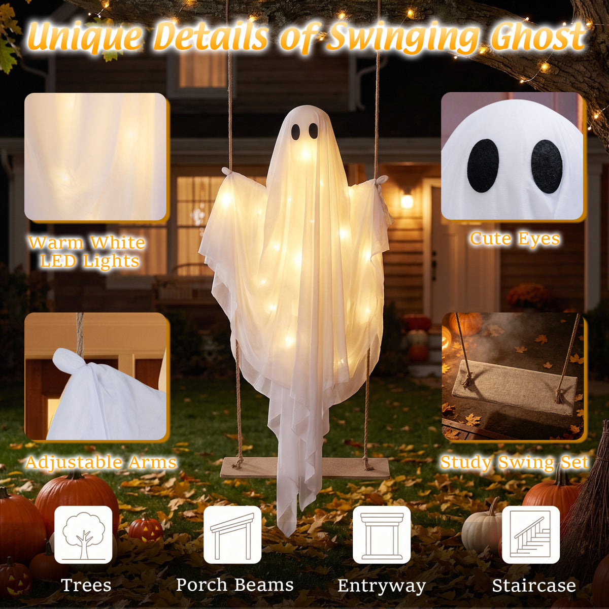 5Ft Halloween Hanging Swing Ghost, LED String Lights