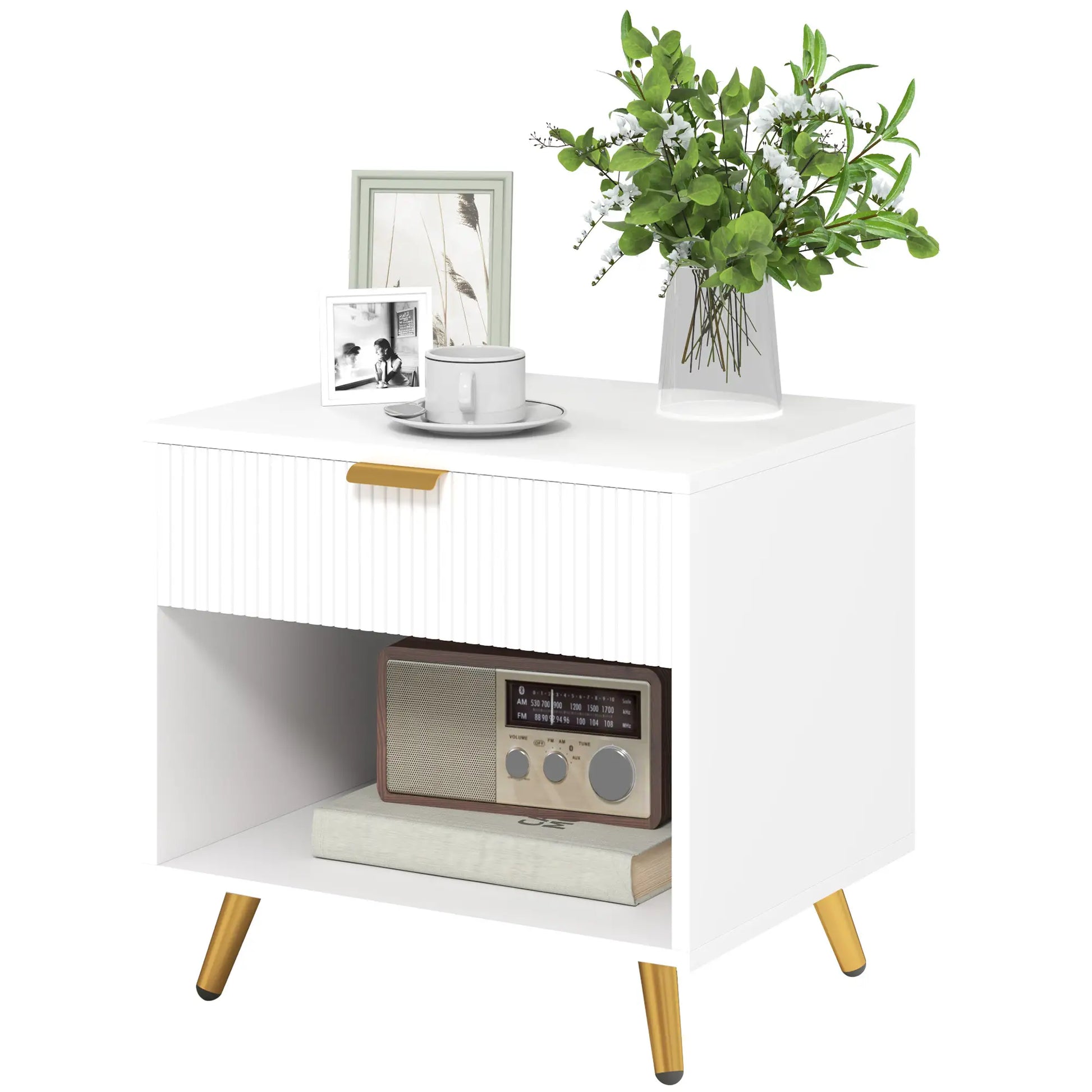Modern Nightstand with Drawer, Open Compartment, White Bedside Tables at Gallery Canada