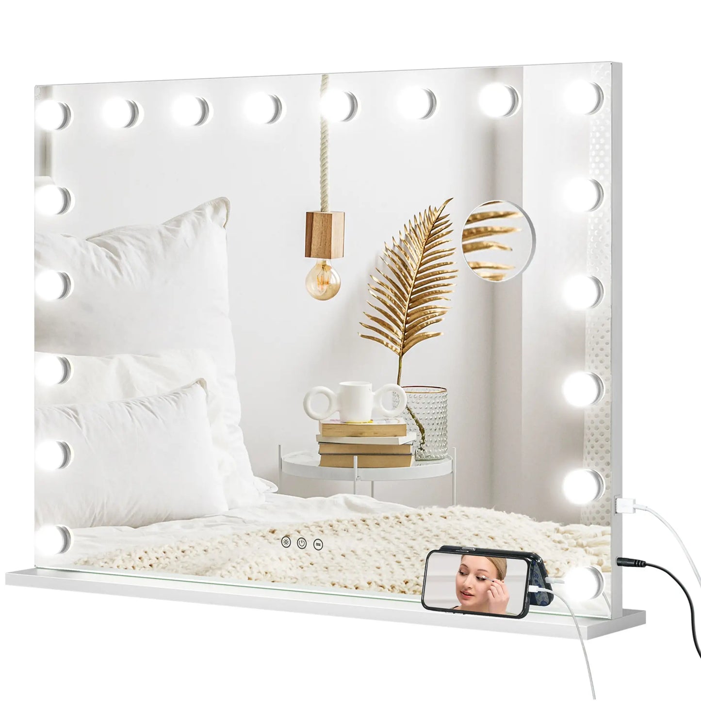 Hollywood Vanity Mirror With Lights, 31.5" x 24.4", White, 3 Colour, 10X Magnifying, USB Port, White