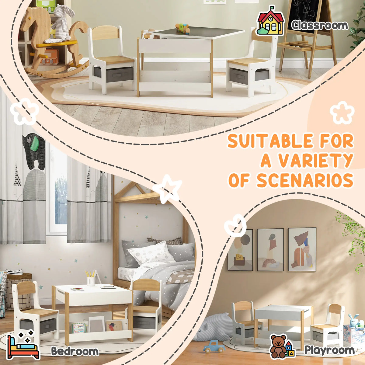 3 Piece Kids Table and Chair Set, Reversible Tabletop, Blackboard, Storage, Bookshelf, Natural Kids Table Sets at Gallery Canada