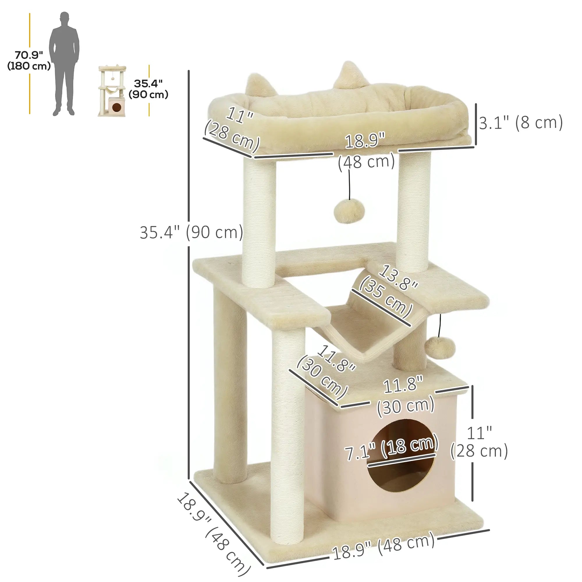 39.25'' Cat Tree Tower, Multi-Level Kitten House, Scratching Post, Hammock Bed, Beige Cat Posts at Gallery Canada