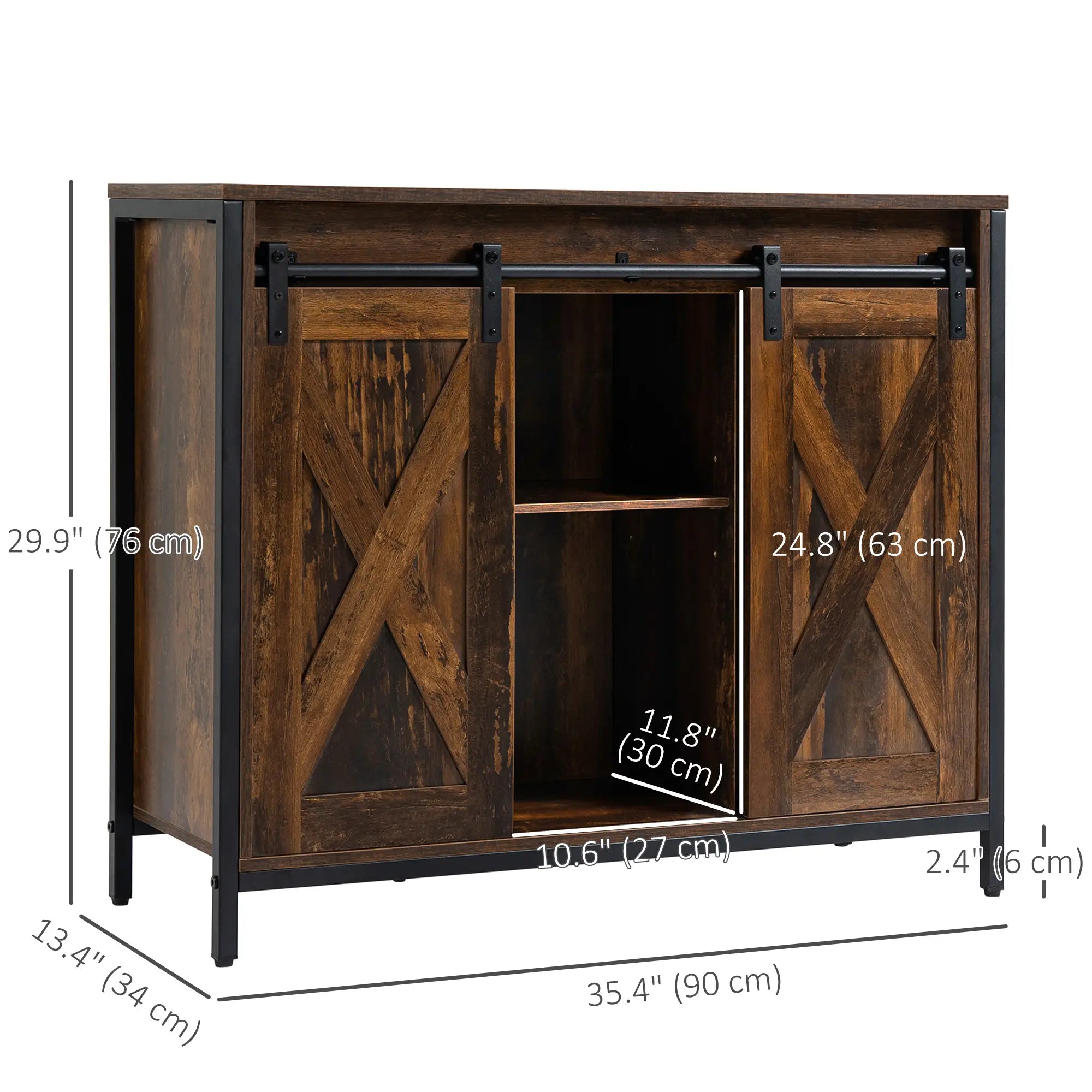 Industrial Sideboard, Buffet Cabinet with Sliding Barn Doors, Rustic Brown, Brown Bar Cabinets at Gallery Canada