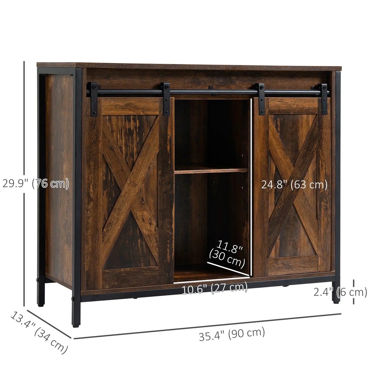 Industrial Sideboard, Buffet Cabinet with Sliding Barn Doors, Rustic Brown, Brown Bar Cabinets at Gallery Canada
