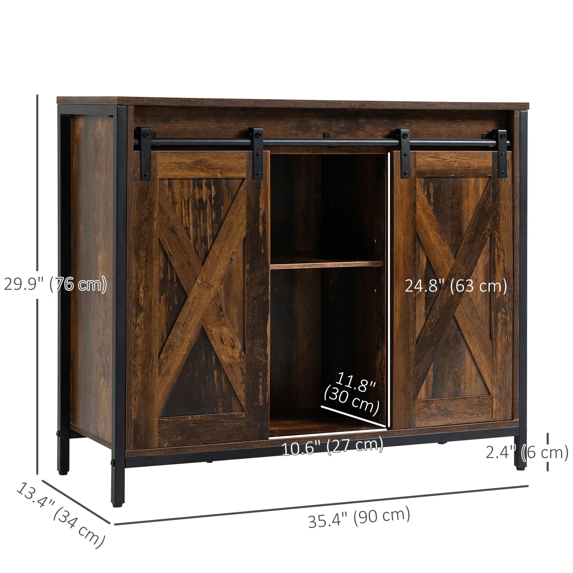 Industrial Sideboard, Buffet Cabinet with Sliding Barn Doors, Rustic Brown, Brown Bar Cabinets at Gallery Canada