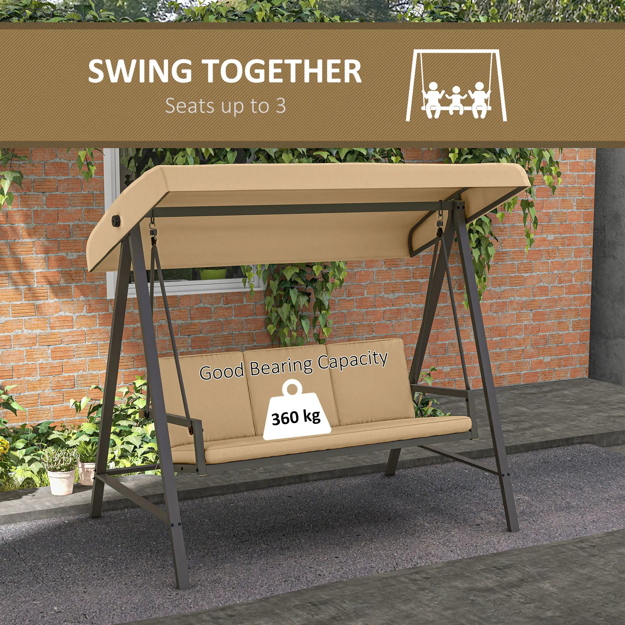 3 Seater Patio Swing Chair, Adjustable Canopy, Removable Cushions, Beige Patio Swings with Stand at Gallery Canada