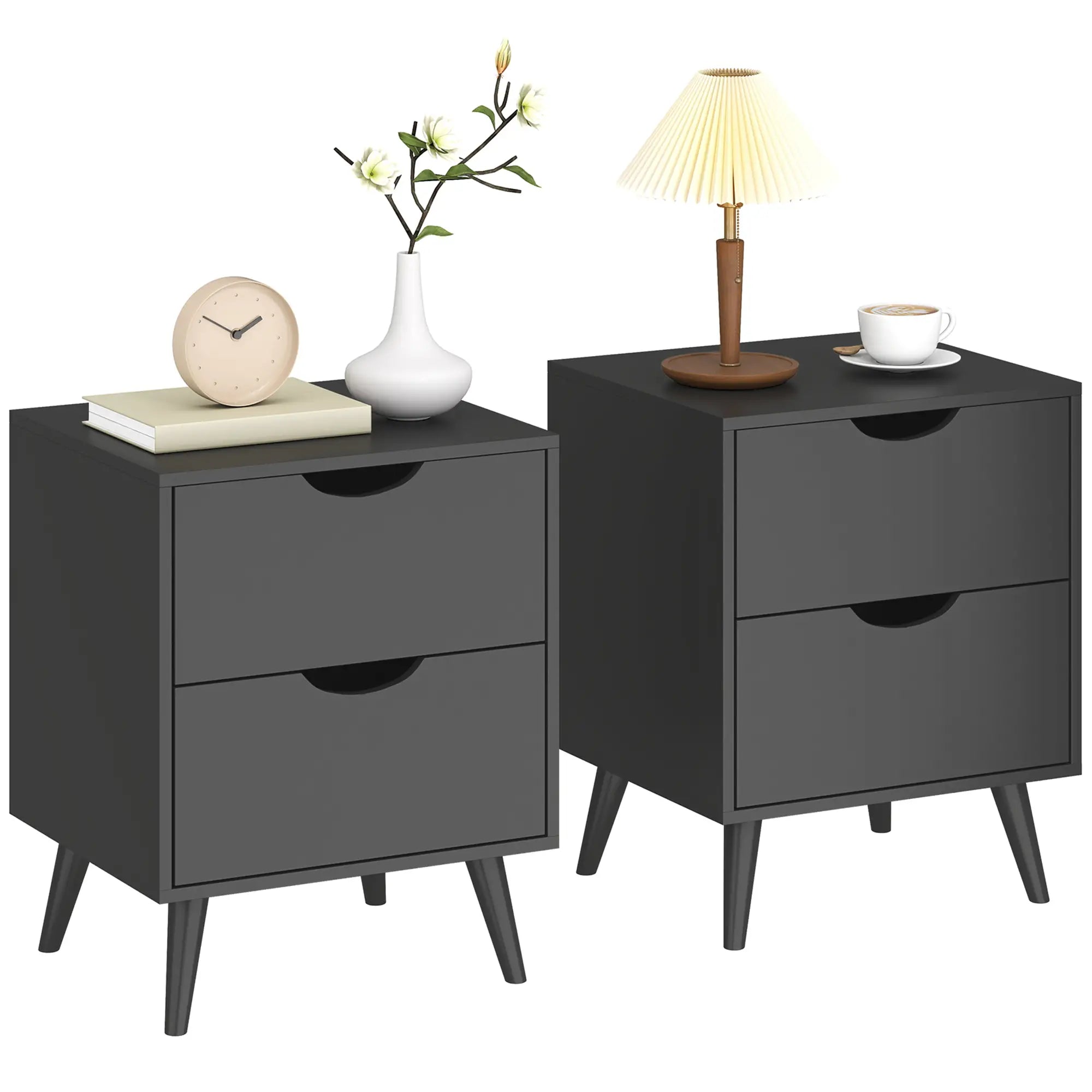 Modern Bedside Table Set Of 2, 2 Drawers, Pine Wood Legs, Black Bedside Tables at Gallery Canada