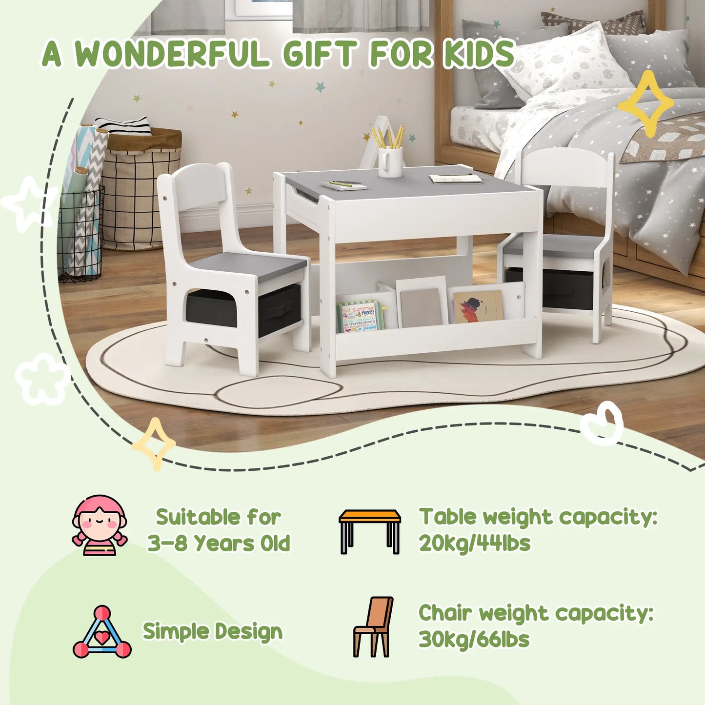 3 Piece Kids Table and Chair Set, Reversible Tabletop, Blackboard, Storage, Grey Kids Table Sets at Gallery Canada