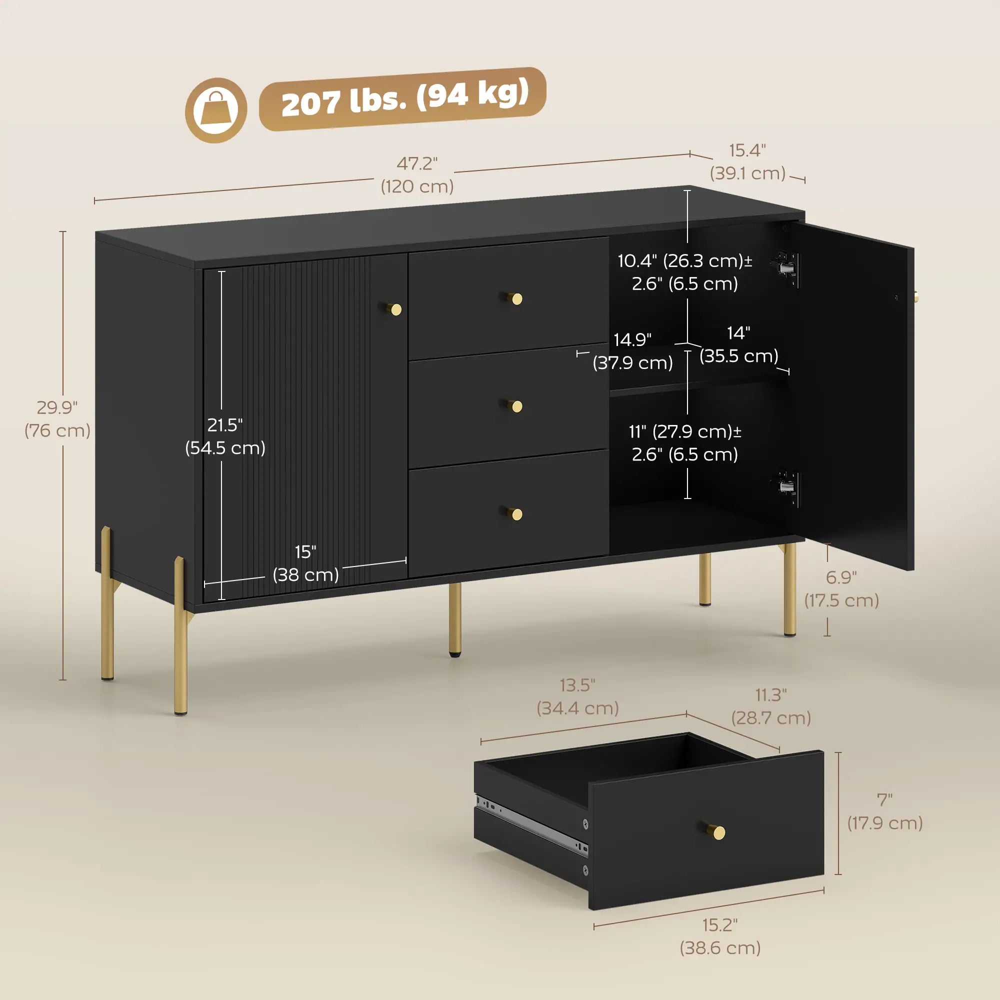 Buffet Cabinet, Modern Sideboard with 3 Drawers and 2 Shelves, Black Storage Cabinets at Gallery Canada