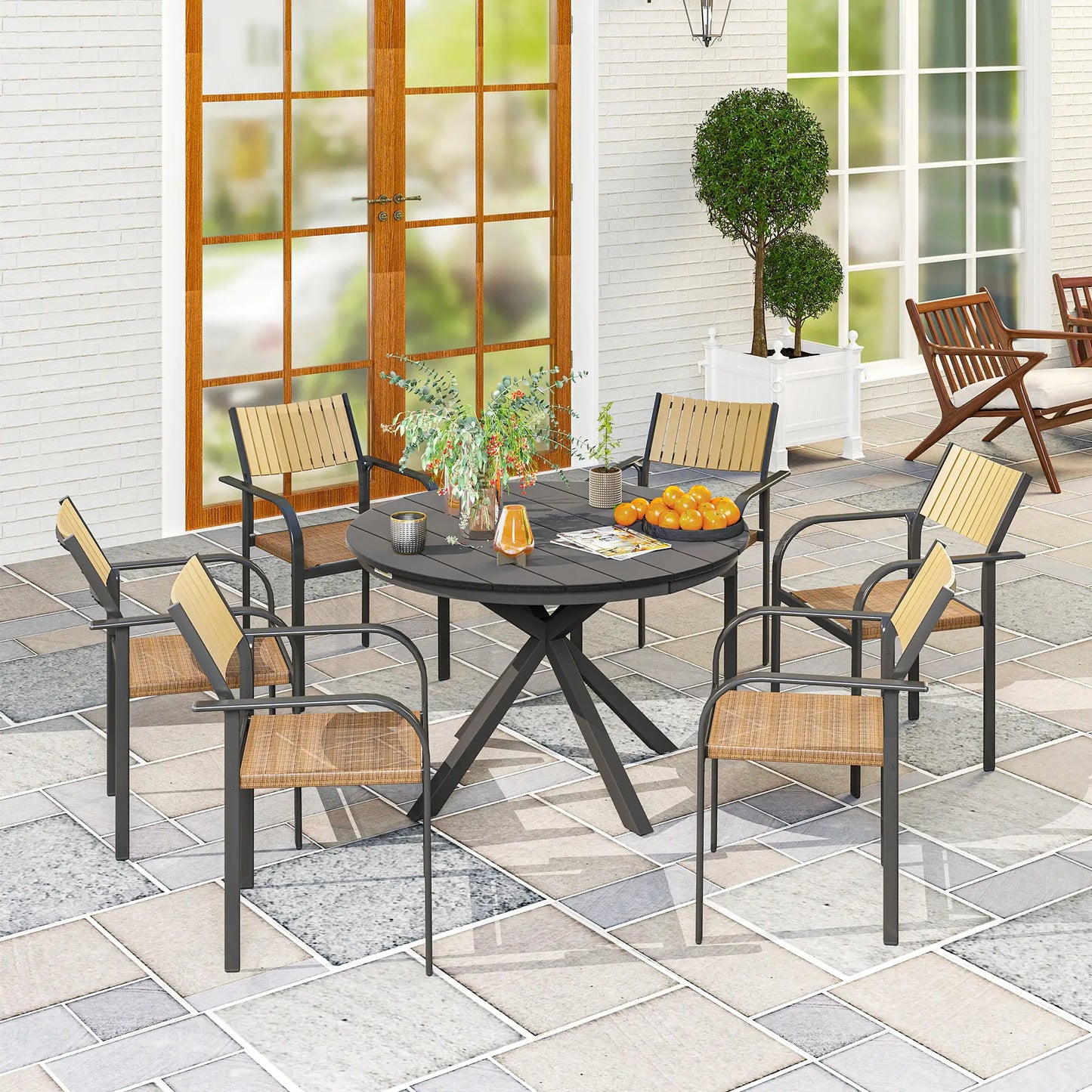 46.5" Round Outdoor Dining Table For 6, Slatted Top, Black Patio Dining Tables at Gallery Canada