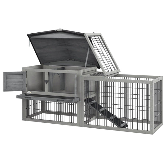 Wood Rabbit Hutch w/ Ramp, Openable Roof, Pull-out Tray, Light Grey - Gallery Canada