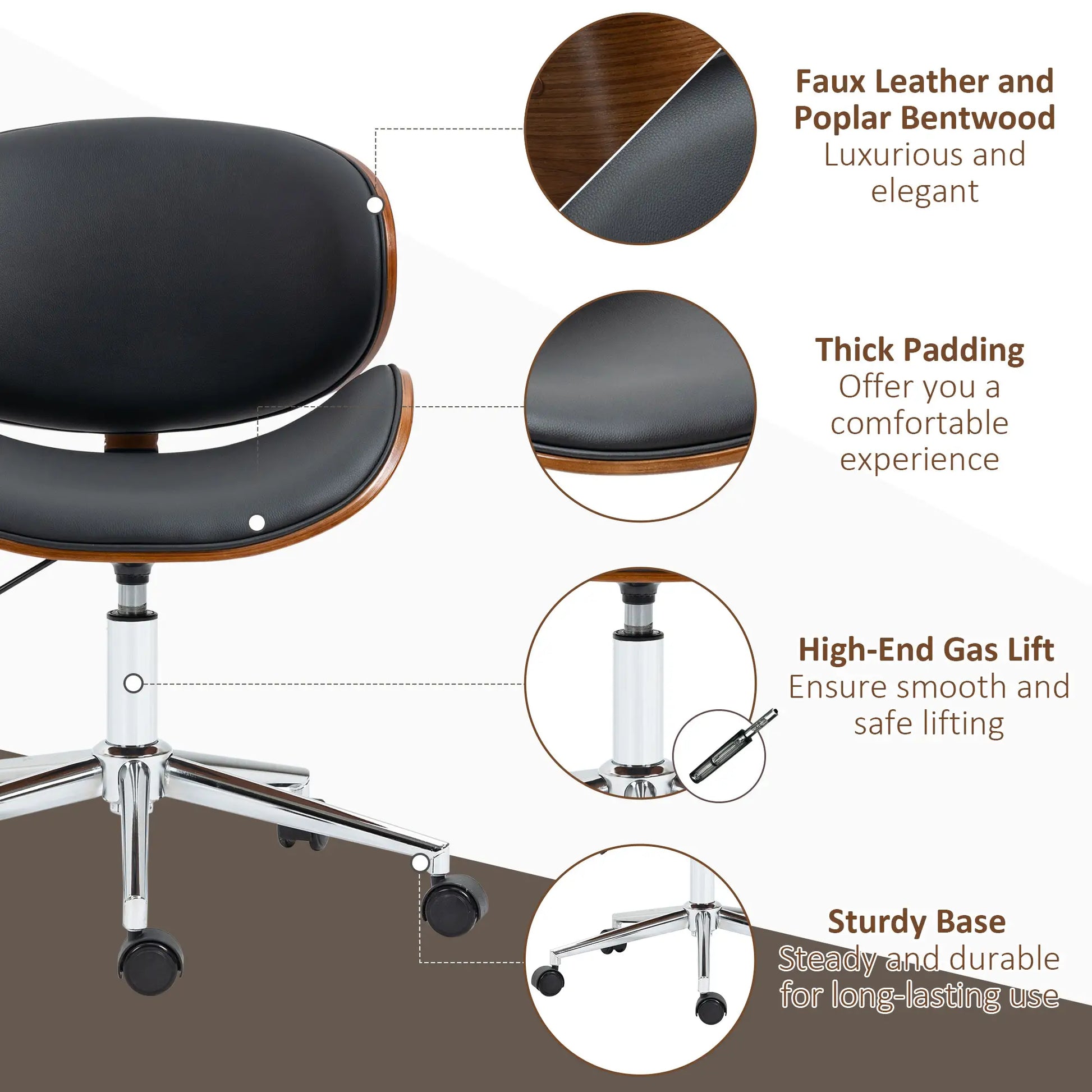 Faux Leather Bentwood Office Chair, 360 Swivel Wheels, Adjustable Height, Black Task Chairs at Gallery Canada