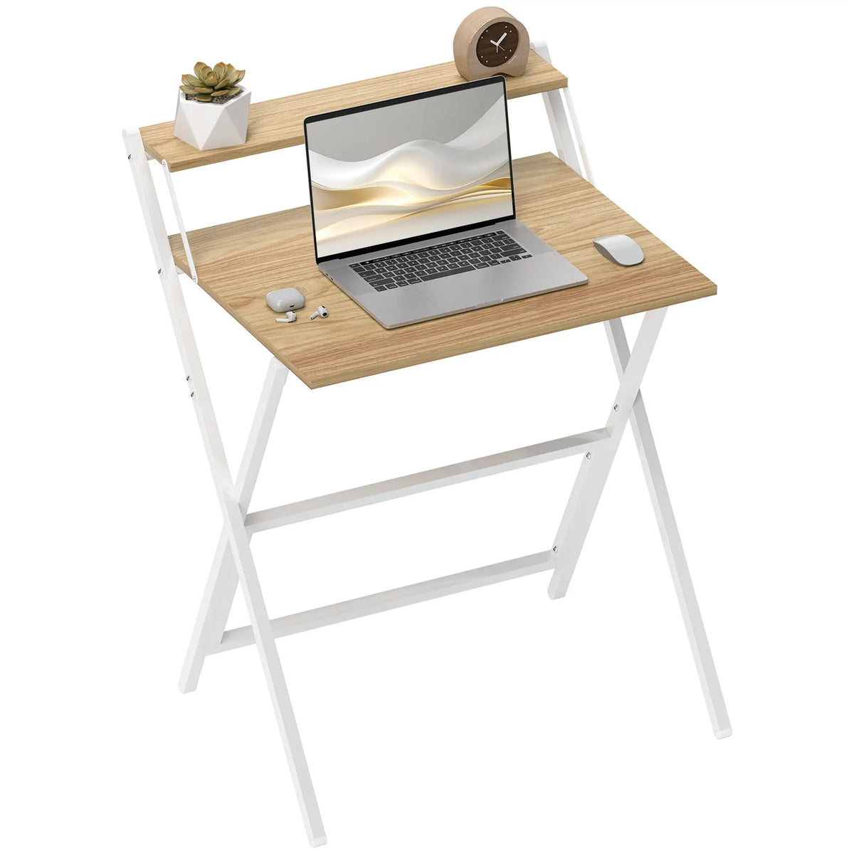 Folding Computer Desk, 27.6" Foldable Desk with Monitor Shelf, Natural Wood Writing Desks at Gallery Canada
