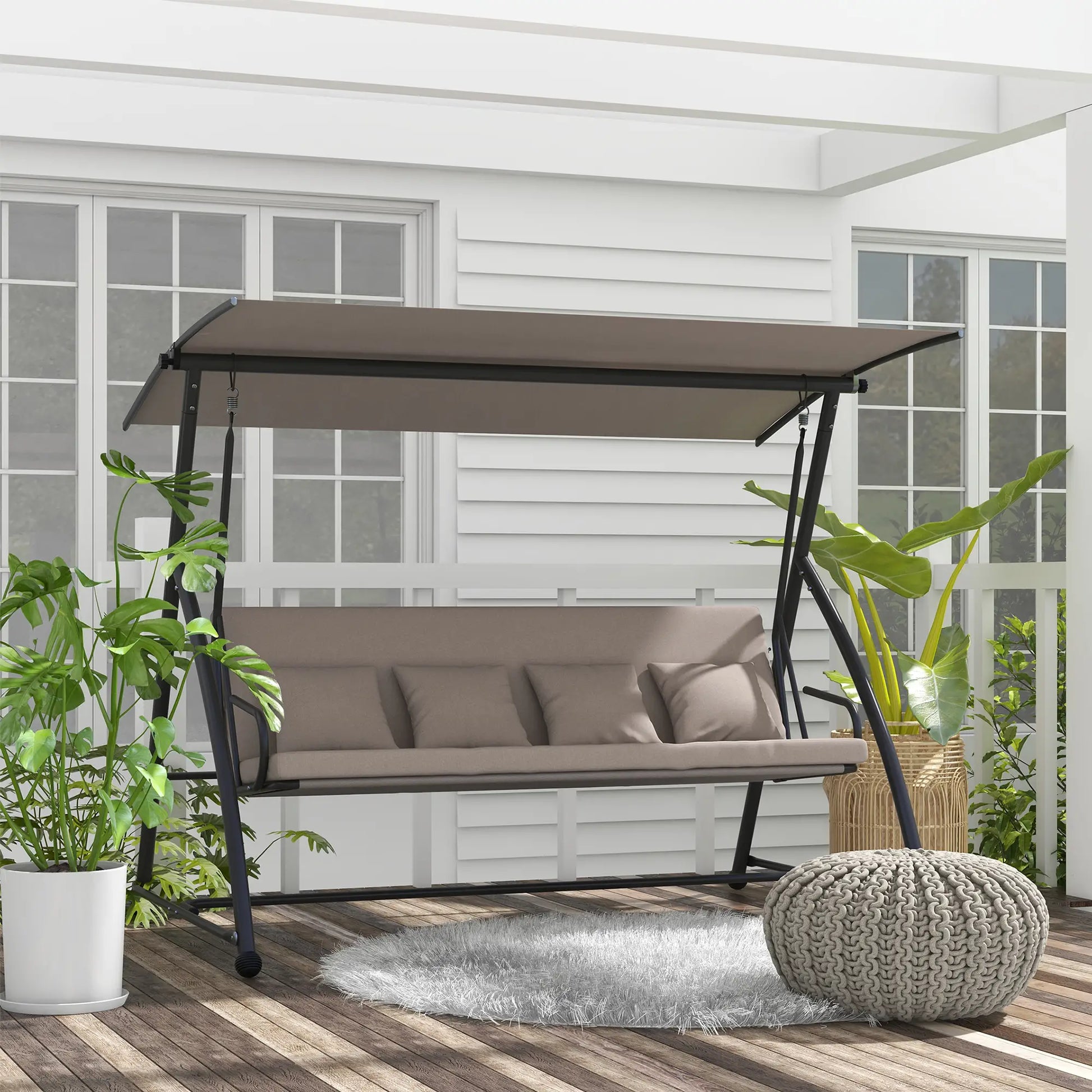 3 Seater Porch Swing, Convertible Chair Bed, Light Brown Patio Swings with Stand at Gallery Canada