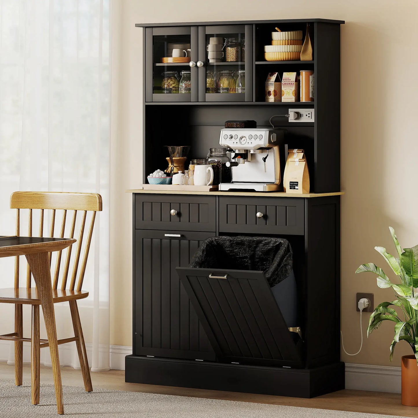 Kitchen Cabinet with Charging Station, 2 Tilt Out Cabinets, Microwave Stand, Black Kitchen Pantry Cabinets at Gallery Canada
