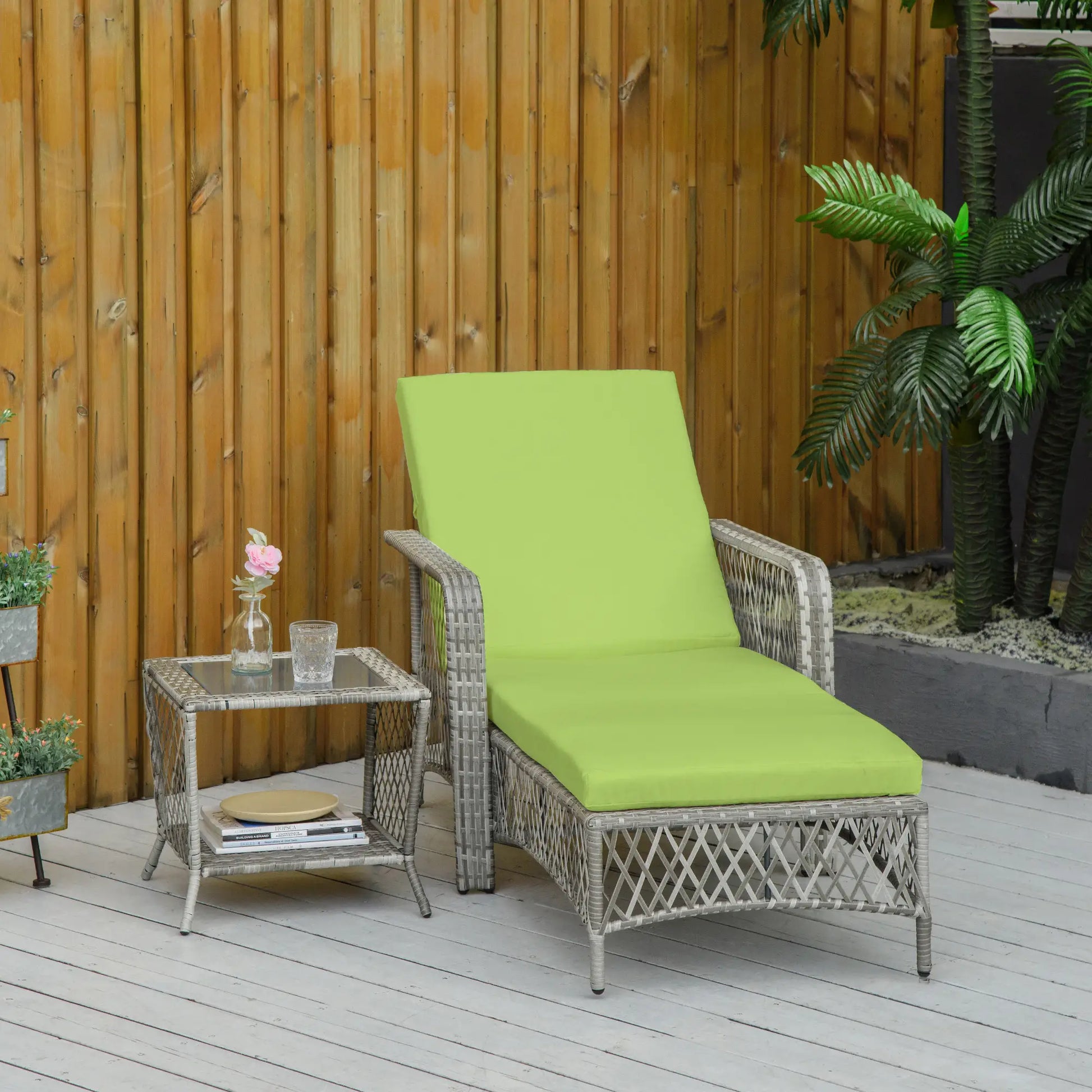 2-Piece Wicker Patio Lounge Set with Cushions, Reclining Chaise Chair, Glass Top Coffee Table, Green Chaise Loungers at Gallery Canada