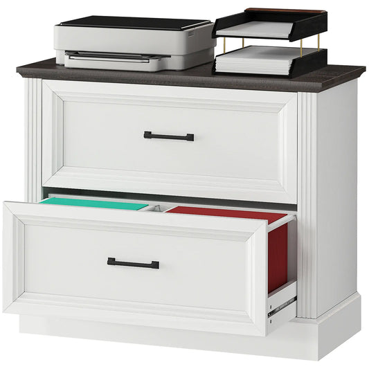 Lateral Filing Cabinet, Farmhouse, 2 Silent Drawers, Letter A4 Legal, White Office Cabinets & Cupboards White, Brown at Gallery Canada