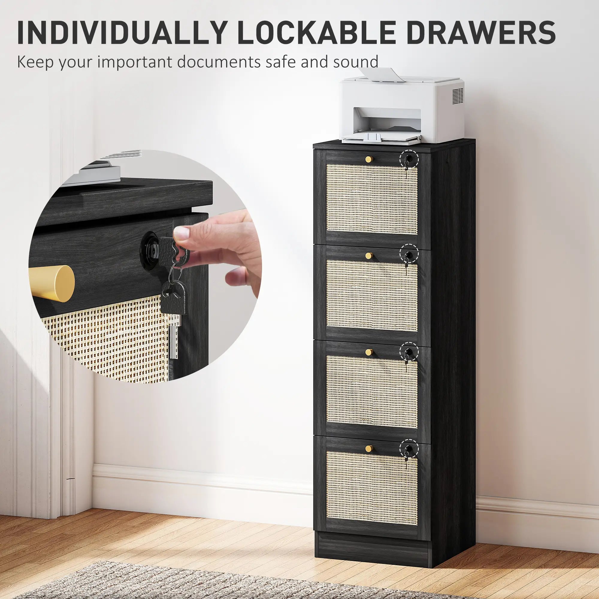 4 Drawer Filing Cabinet with Lock, Boho Style, A4 Letter Size, Black Office Cabinets & Cupboards at Gallery Canada