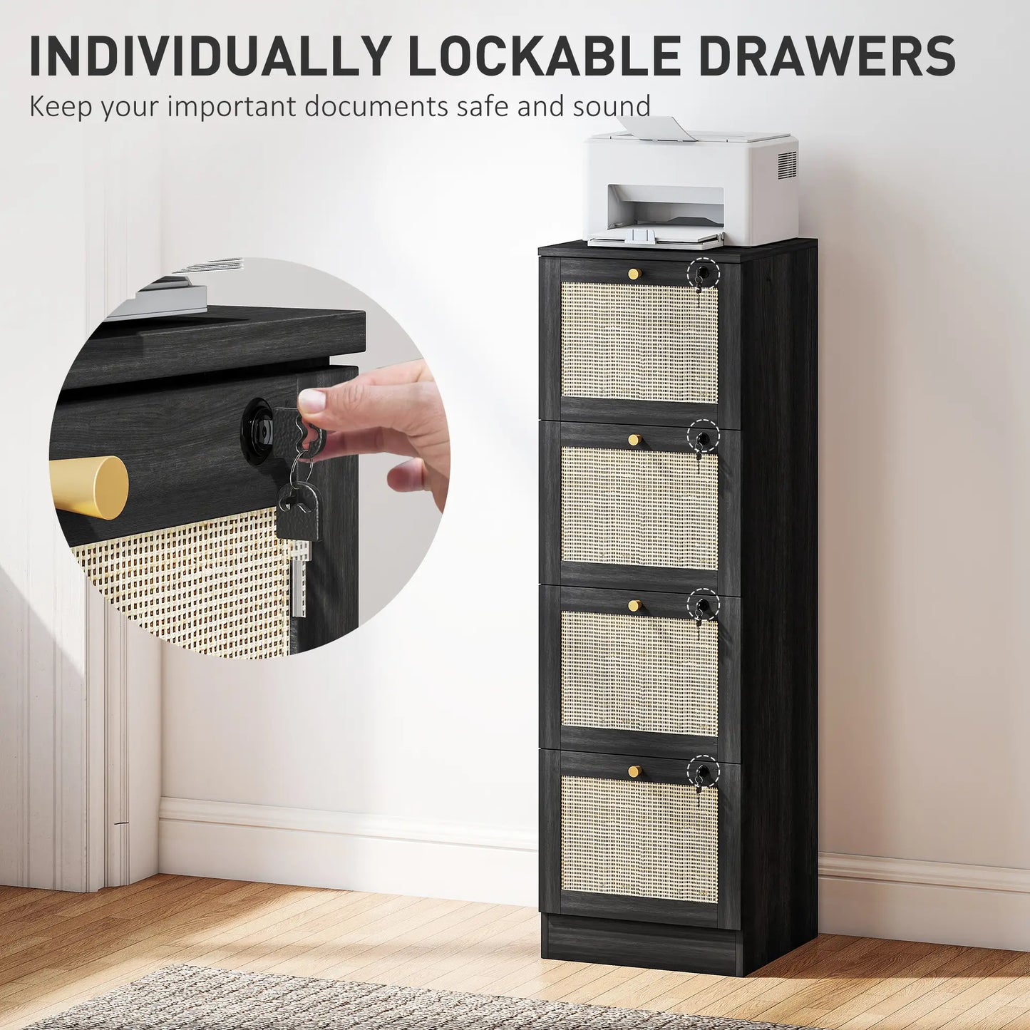 4 Drawer Filing Cabinet with Lock, Boho Style, A4 Letter Size, Black Office Cabinets & Cupboards at Gallery Canada