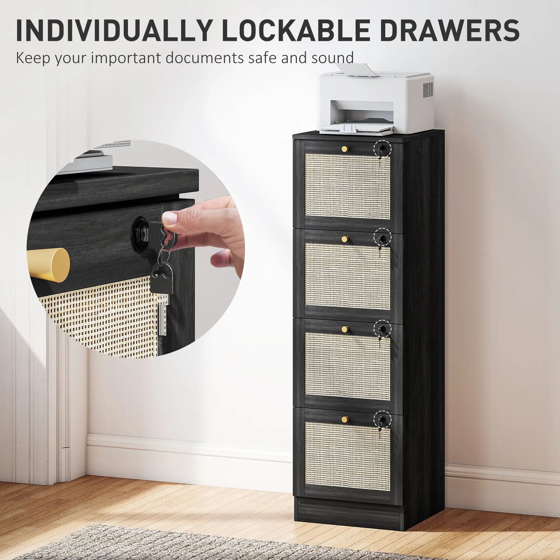 4 Drawer Filing Cabinet with Lock, Boho Style, A4 Letter Size, Black Office Cabinets & Cupboards at Gallery Canada