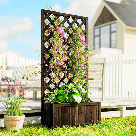 2.4 x 1 x 4.9 ft Wooden Pine Trough Planter with Trellis, Carbonized Wooden Planter Boxes Carbonized at Gallery Canada