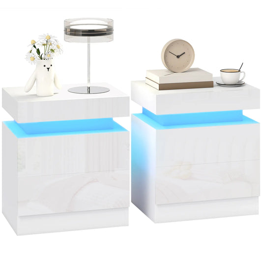 Nightstand Set of 2, LED Lights, 2 Drawers, White Bedside Tables White at Gallery Canada