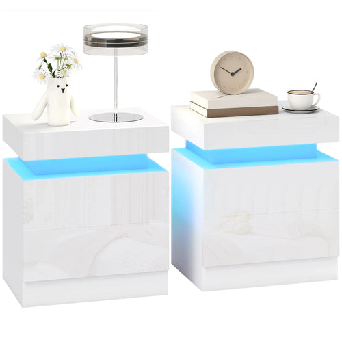 Nightstand Set of 2, LED Lights, 2 Drawers, White