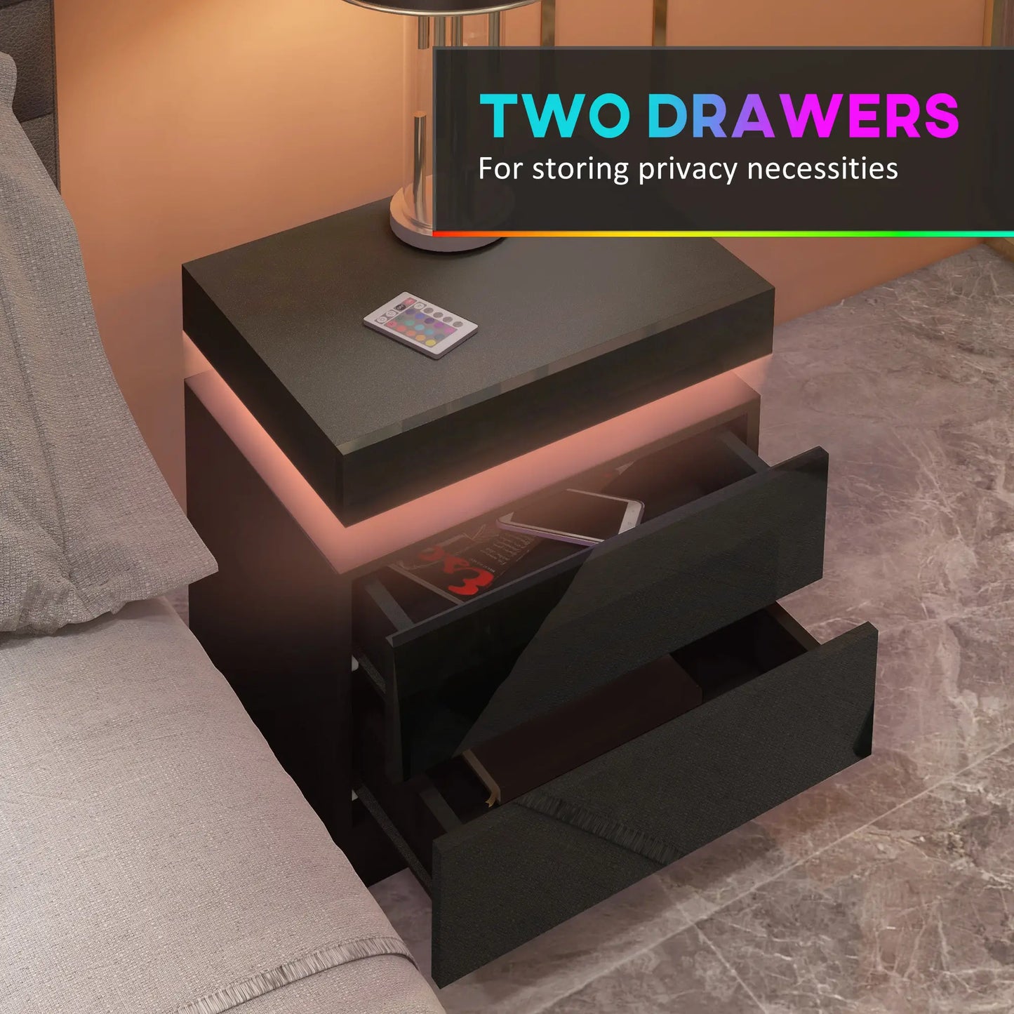 Nightstand, Bedside Table with LED Lights, 2 Drawers, Black Bedside Tables at Gallery Canada