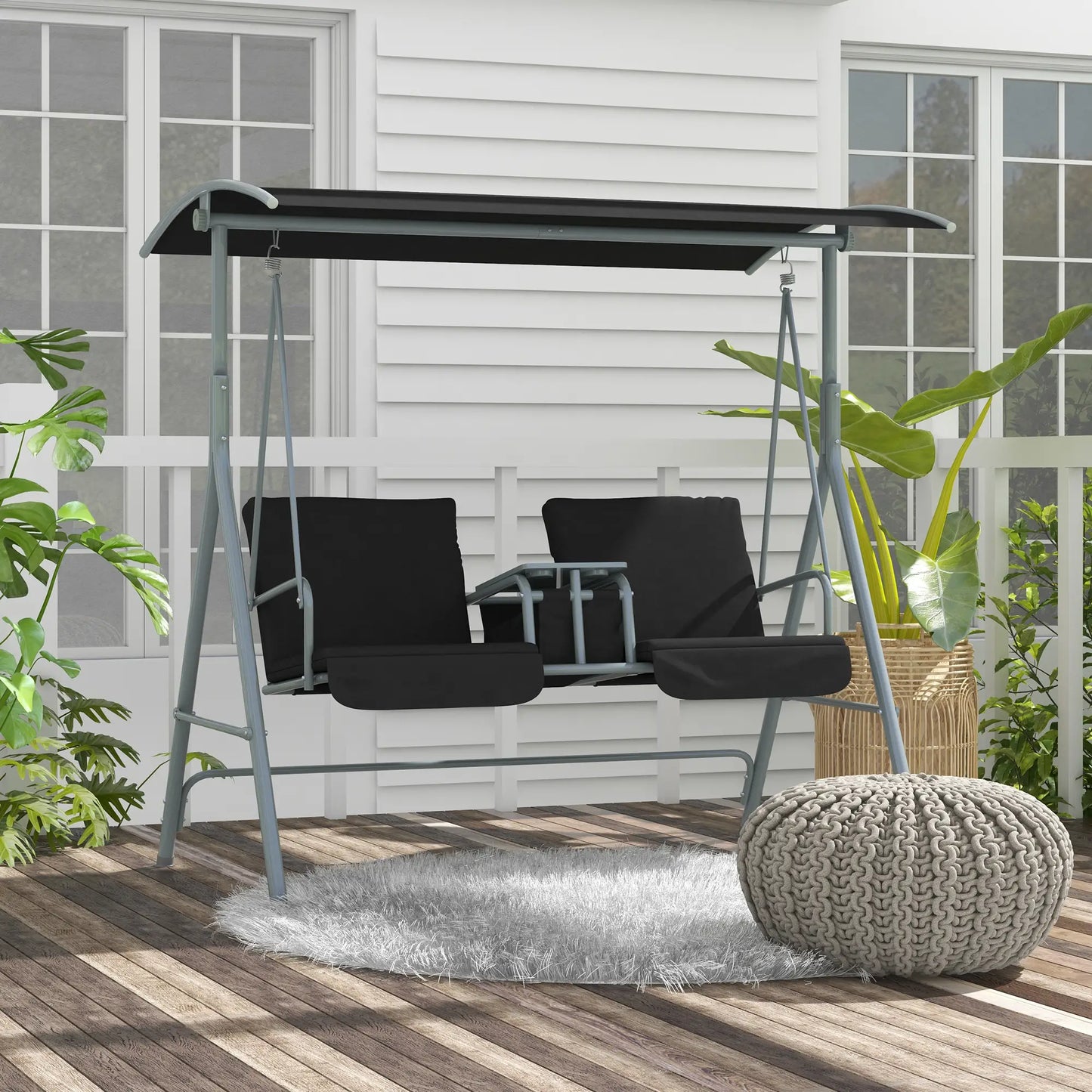 2-Seater Outdoor Porch Swing, Adjustable Canopy, Table, Black Patio Swings with Stand at Gallery Canada