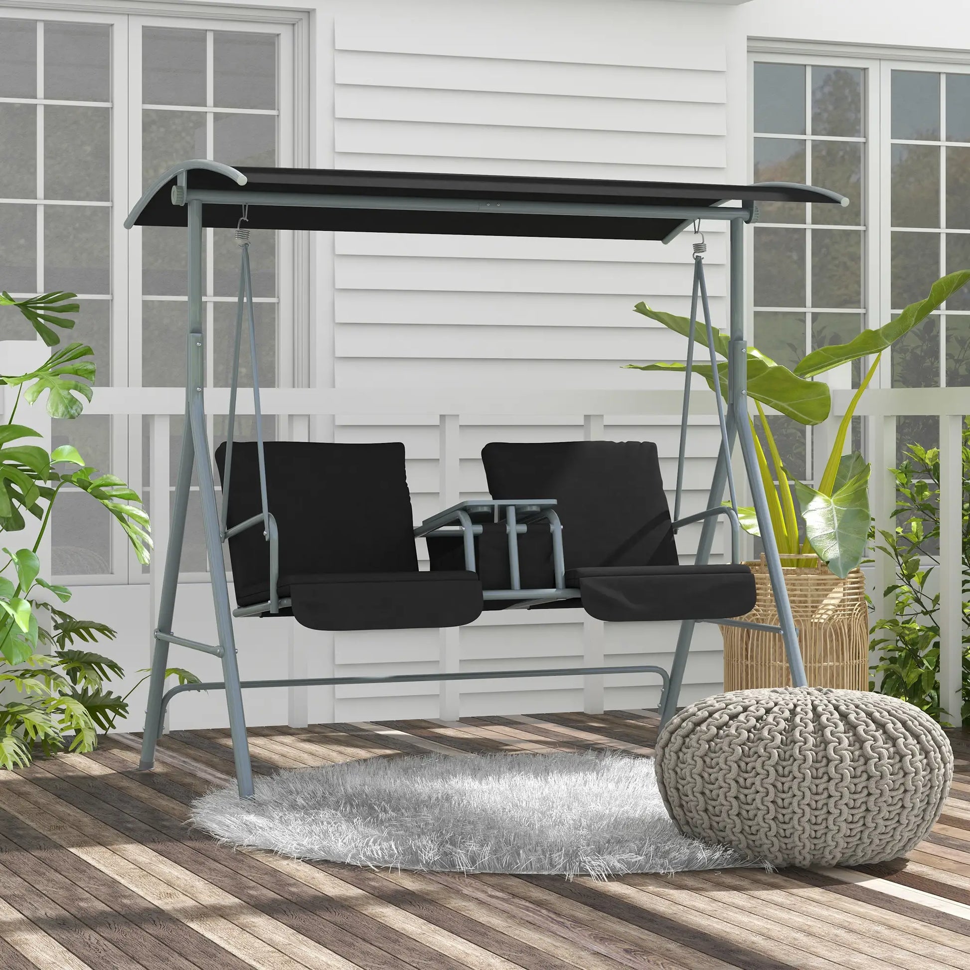2-Seater Outdoor Porch Swing, Adjustable Canopy, Table, Black Patio Swings with Stand at Gallery Canada