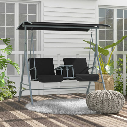 2-Seater Outdoor Porch Swing, Adjustable Canopy, Table, Black Patio Swings with Stand at Gallery Canada