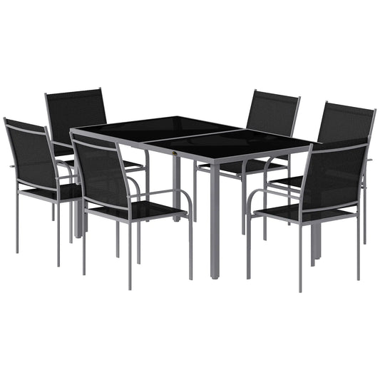 7 Piece Outdoor Dining Set, Table & 6 Stackable Chairs, Black