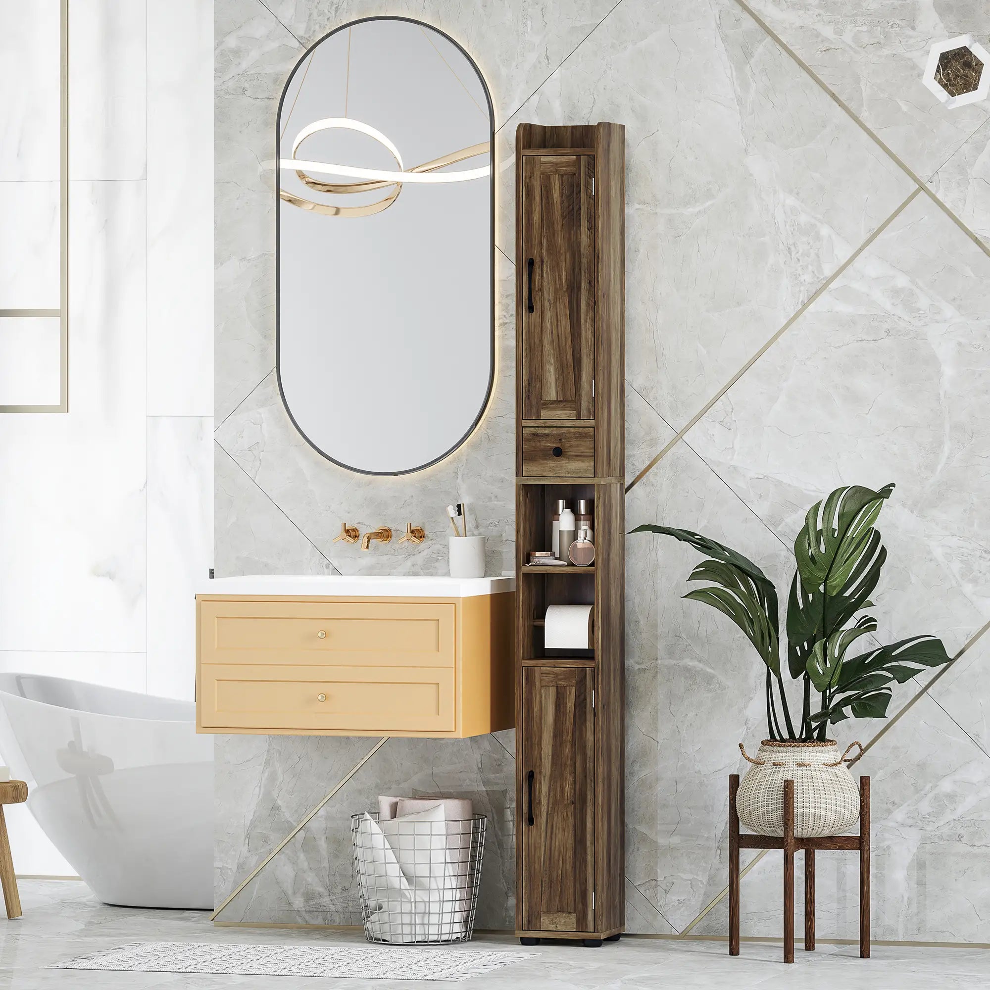 Narrow Bathroom Cabinet, Tall Storage with Barn Doors, Drawer, Adjustable Shelves, Wood Grain, Brown Bathroom Cabinets at Gallery Canada