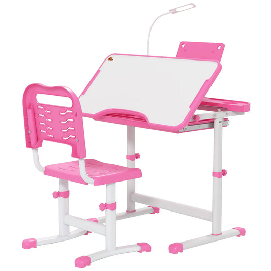 Kids Desk and Chair Set, Adjustable Height, Tilt Desktop, Pink Kids Desk Sets Pink at Gallery Canada
