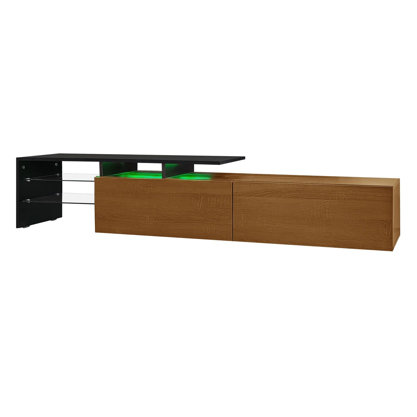 TV Stand With Glass Shelves, LED Lighting, 67" L x 13" W x 13" H, Natural, Black TV Stands at Gallery Canada