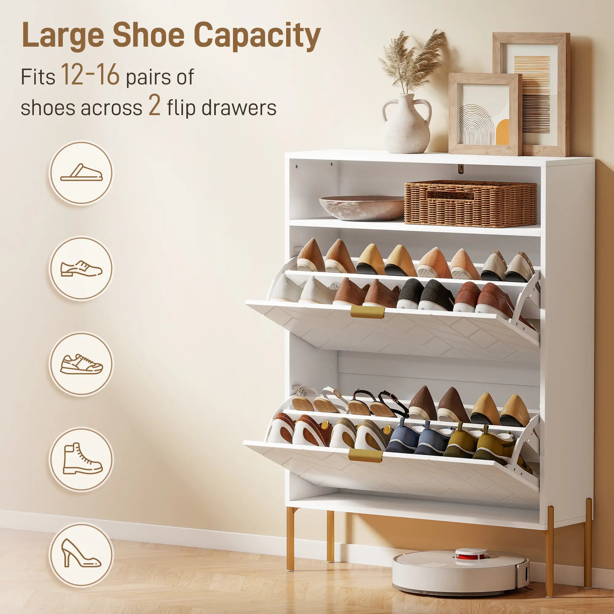 Modern Shoe Cabinet, 2 Flip Drawers, Adjustable Shelves, White Shoe Storage Cabinets & Racks at Gallery Canada