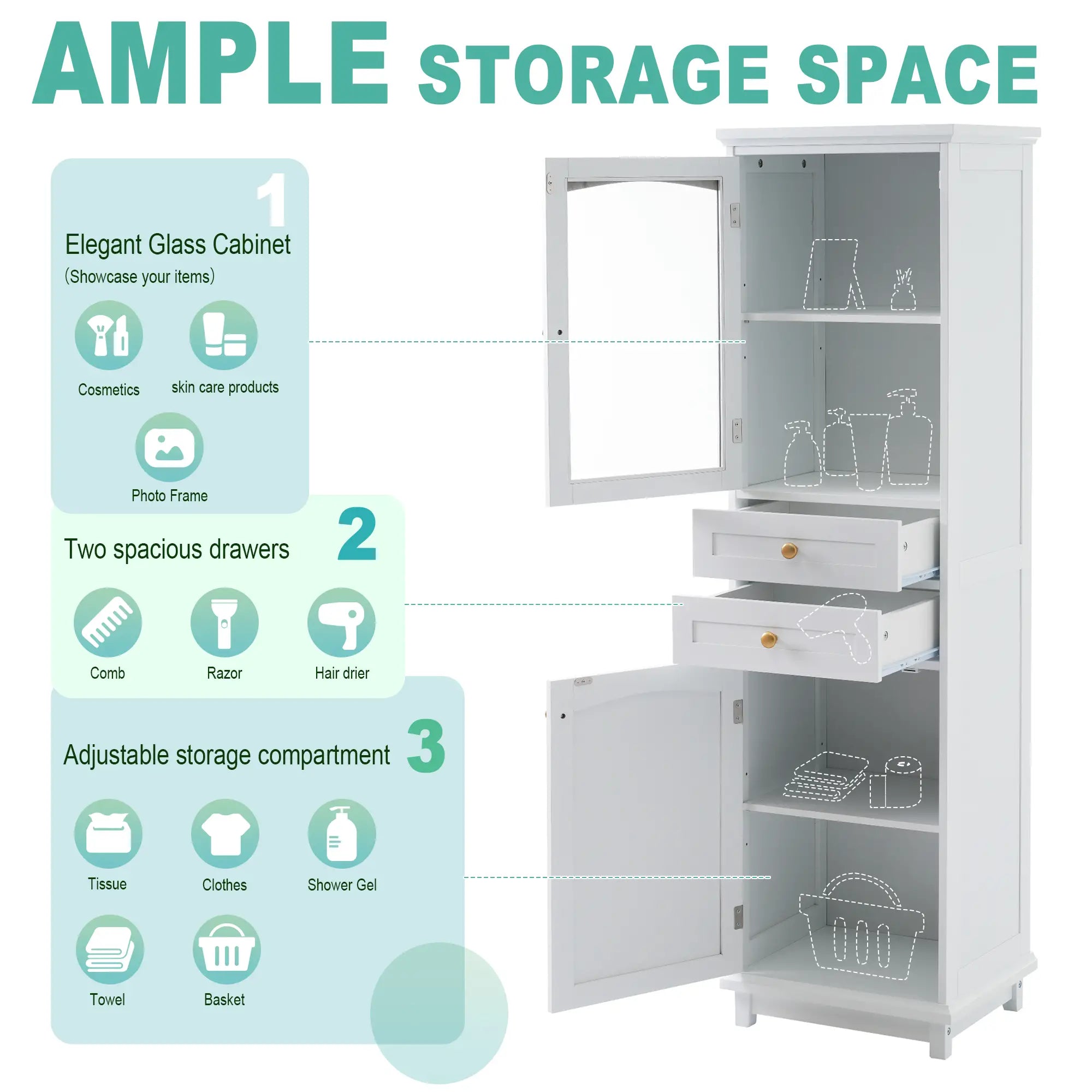 Bathroom Storage Cabinet, Glass Doors, Adjustable Shelves, 18
