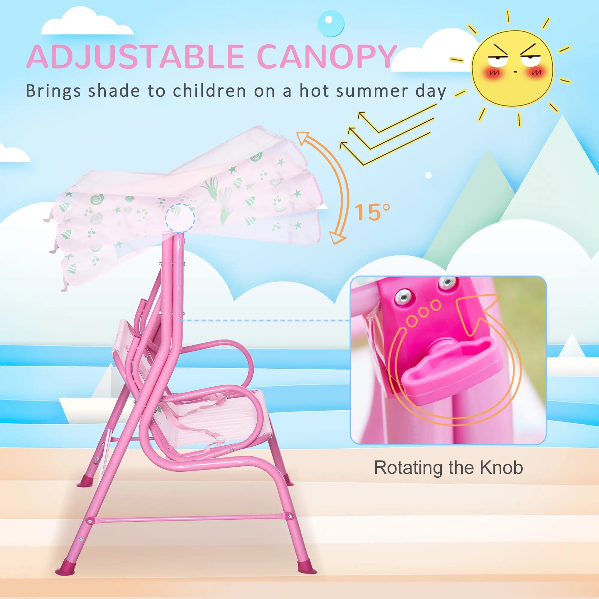 2-Seat Kids Porch Swing, Outdoor Chair with Canopy, Seat Belt, Mermaid, Pink Gym Sets & Swings at Gallery Canada