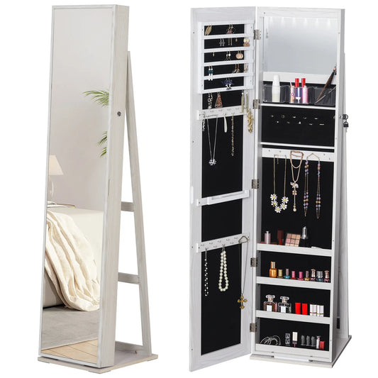 Mirror Jewelry Cabinet, Lockable Organizer with LED Lights, White Wood, White Jewelry Armoire & Jewellery Mirror Cabinets White Wood Grain at Gallery Canada
