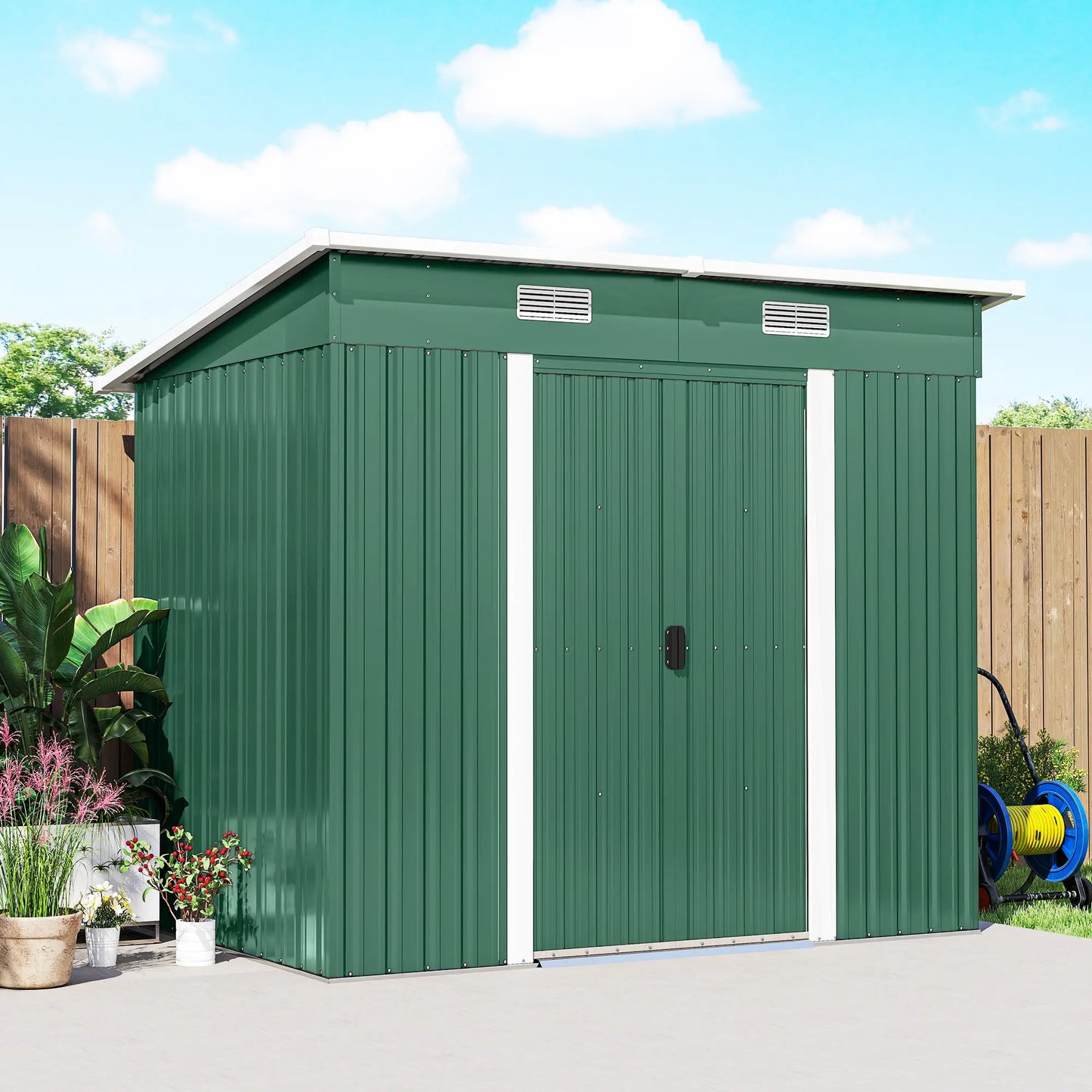 7'x 4' Metal Patio Storage Shed, Garden Tool Utility Unit, Green Sheds at Gallery Canada
