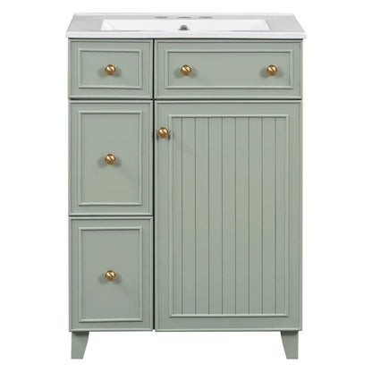 24" Bathroom Vanity, 4 Drawers, Ceramic Sink, Solid Wood, Green+White Sink Cabinets Green, White at Gallery Canada