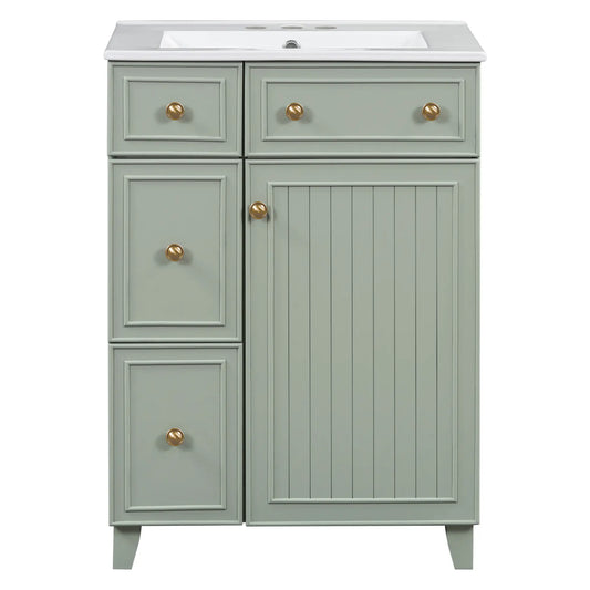 24" Bathroom Vanity, 4 Drawers, Ceramic Sink, Solid Wood, Green+White Sink Cabinets Green, White at Gallery Canada