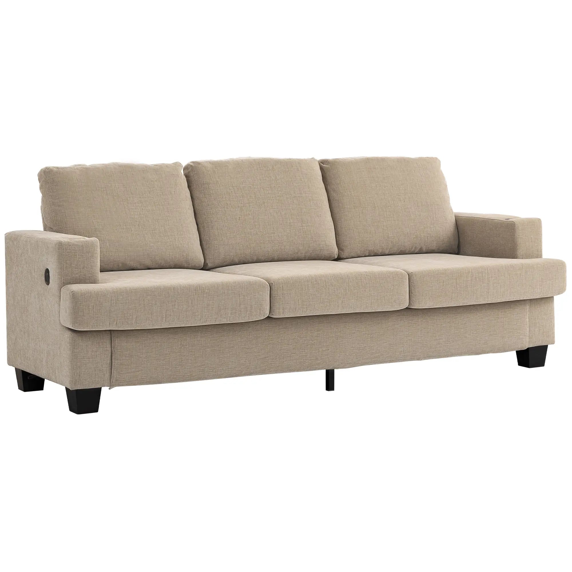 3 Seater Sofa with USB Ports, Cup Holders, Chenille Upholstery, Light Brown 3-Seater Sofas Light Brown at Gallery Canada