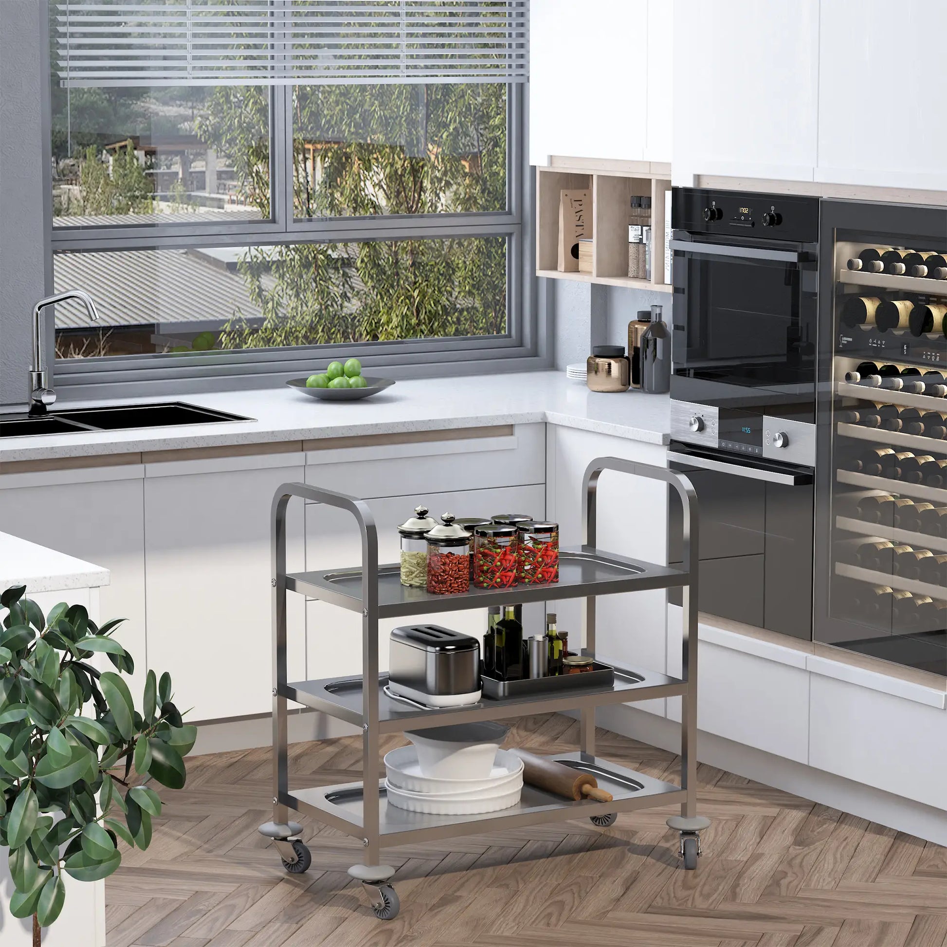 33" 3-Tier Kitchen Trolley, Stainless Steel, Wheeled Storage Cart, 330LBS Kitchen Islands & Kitchen Carts at Gallery Canada