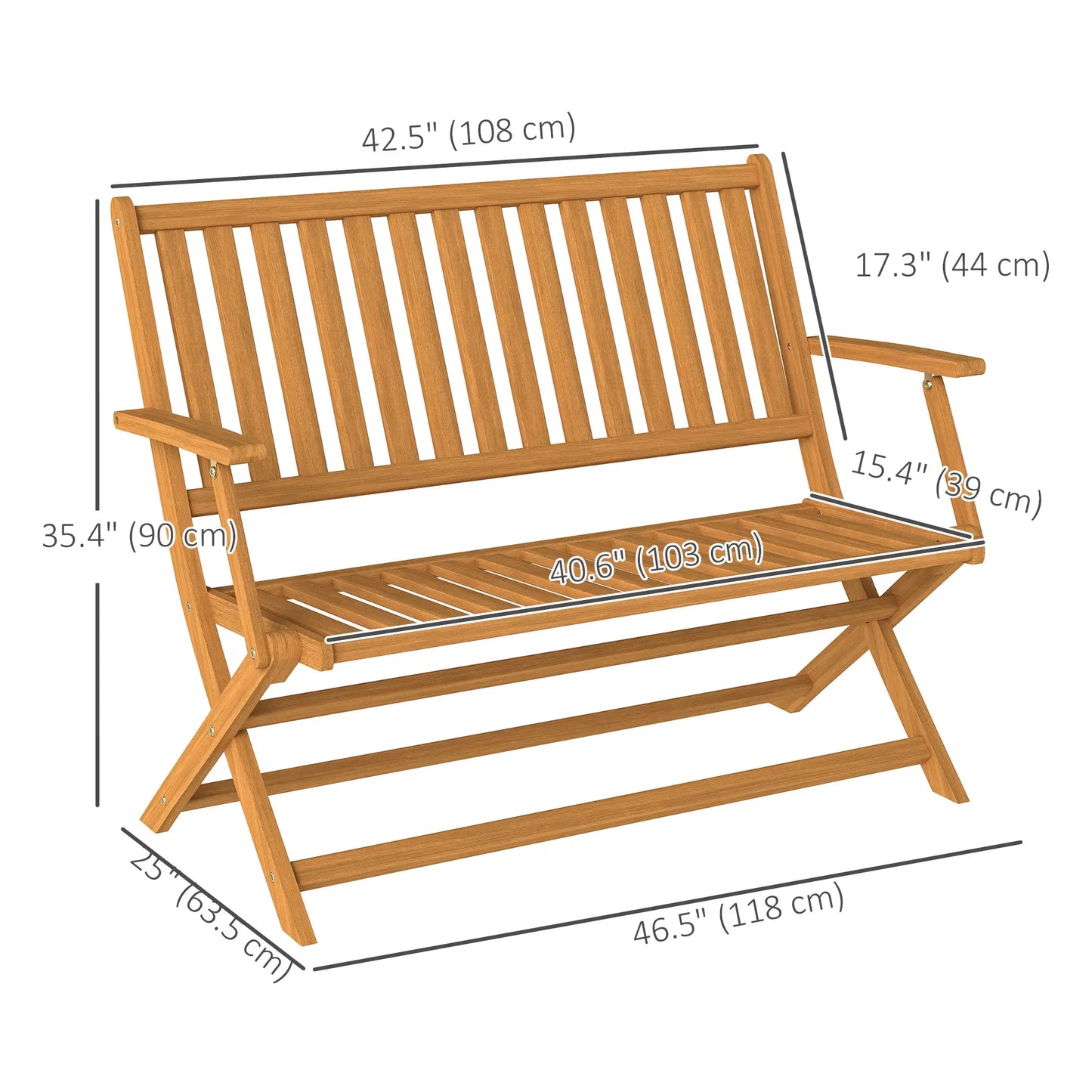 46.5" Foldable Wood Outdoor Bench, Backrest, Armrests, Teak Patio Chairs at Gallery Canada