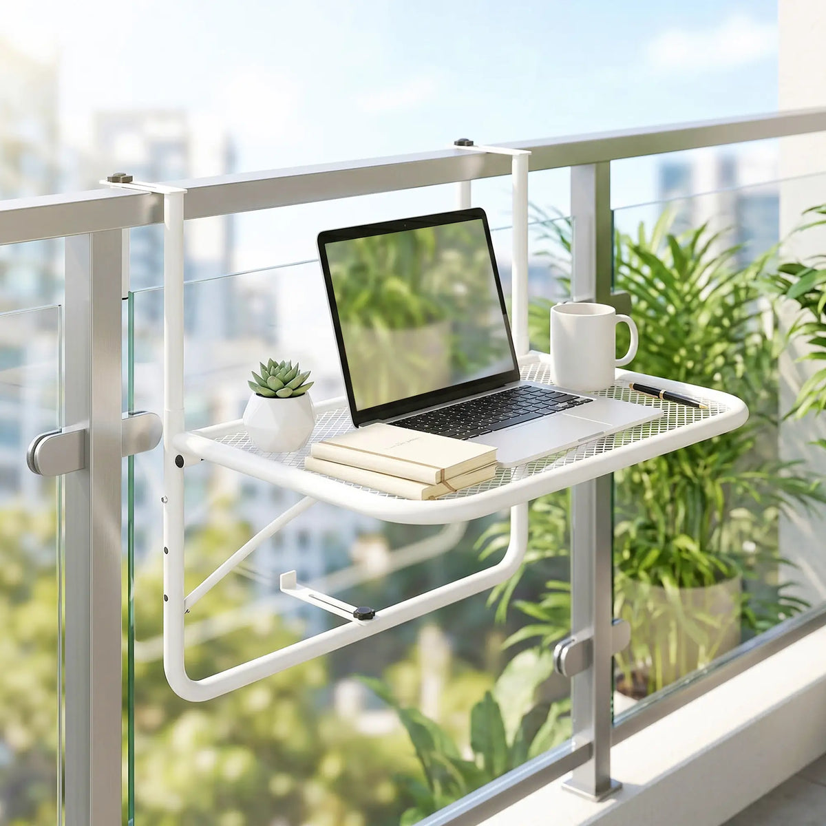 Adjustable Balcony Hanging Railing Table, Metal Wall Desk, White