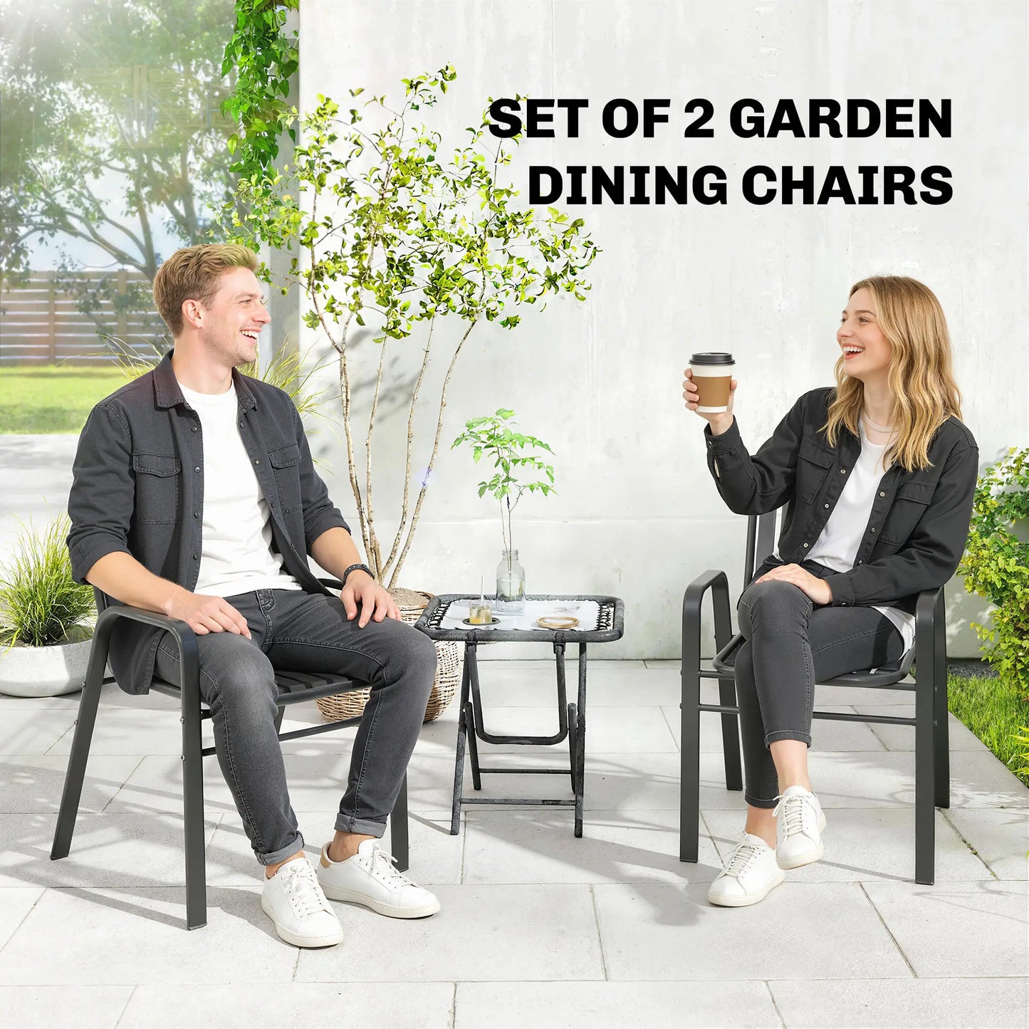 Stackable Outdoor Dining Chairs Set Of 2, Black Patio Chairs at Gallery Canada
