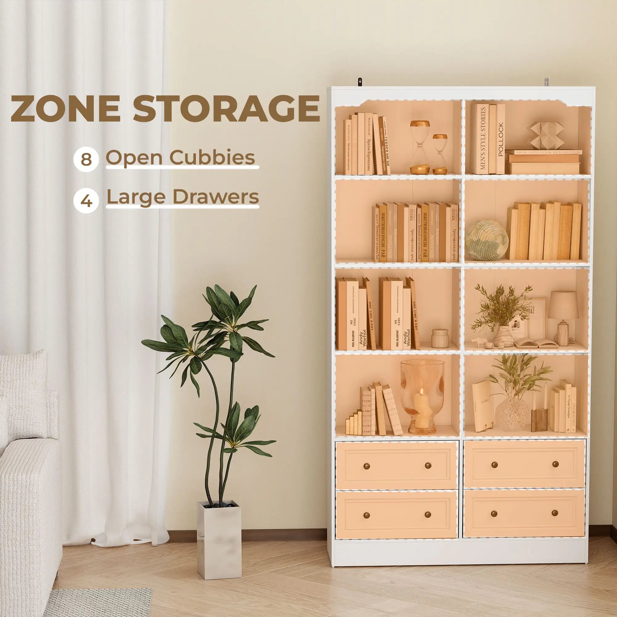 5-Tier Bookcase with 8 Cubbies, 4 Drawers, White Display Bookshelves at Gallery Canada