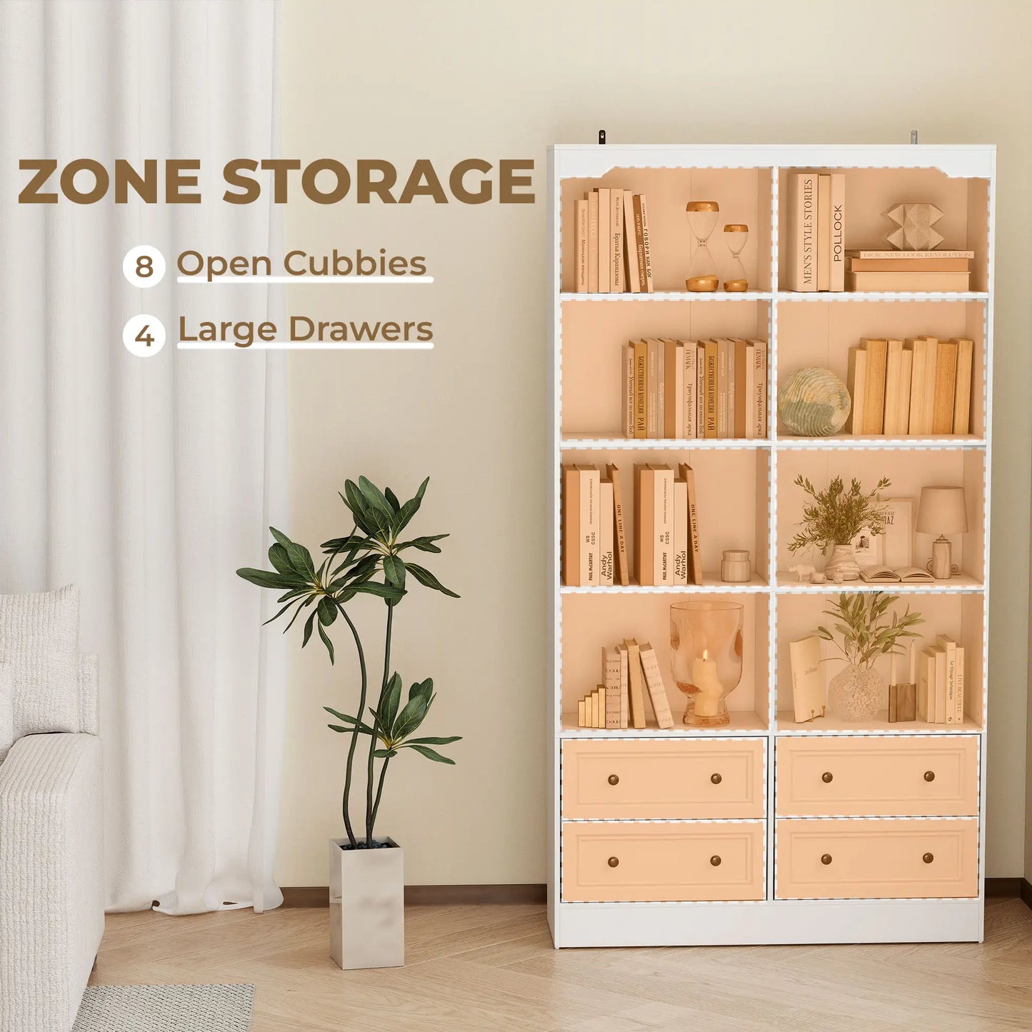 5-Tier Bookcase with 8 Cubbies, 4 Drawers, White Display Bookshelves at Gallery Canada