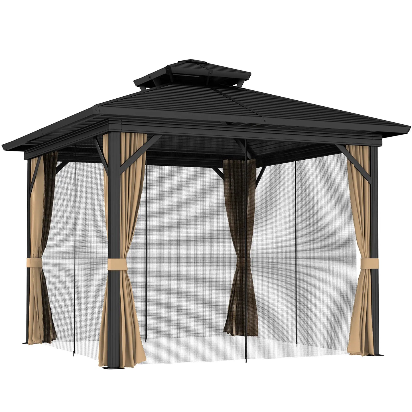 10' x 12' Hardtop Gazebo, Double Tier Roof, Mosquito Net, Dark Brown Gazebos at Gallery Canada